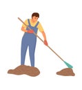 Man cleaning in house. Home work for hygiene. Smiling person holding broom and sweeping garbage. Husband in housework. Young male