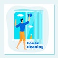 Man Cleaning House, Wiping and Washing Window