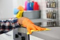 Man cleaning kitchen counter with rag Royalty Free Stock Photo
