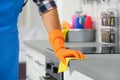 Man cleaning kitchen counter with rag Royalty Free Stock Photo
