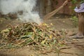 Man cleaning lawn in backyard under a tree Burning garbage. grass and leaves burns in the garden. Fire and Smoke Royalty Free Stock Photo