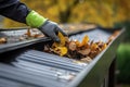 A man cleaning leaves in a rain gutter on a roof. Generative AI