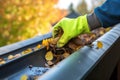 A man cleaning leaves in a rain gutter on a roof. Generative AI