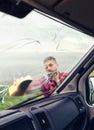 Man cleaning motorhome glass outdoor Royalty Free Stock Photo