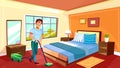 Man cleaning room with vacuum cleaner vector illustration