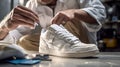 Man is cleaning sneakers in a workshop. Shoe shine service. The shoemaker prepares the shoes for the season. Shoe brush Royalty Free Stock Photo