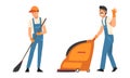 Man Cleaning Staff in Overall and Gloves Pulling Vacuum Cleaner Machine and Sweeping with Broom Vector Set