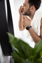 Man with cleaning teeth with dental floss Royalty Free Stock Photo