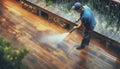 man cleaning terrace with a power washer - high water pressure cleaner on wooden terrace surface Royalty Free Stock Photo