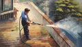 man cleaning terrace with a power washer - high water pressure cleaner on wooden terrace surface Royalty Free Stock Photo