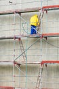 Man cleaning wall. Scaffolding Royalty Free Stock Photo