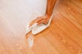 Man cleans a damp stain on the wooden floor of his house with absorbent kitchen paper