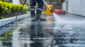 Man cleans sidewalk using pressure washer Royalty Free Stock Photo