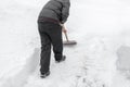 A man cleans snow shovel near the house Royalty Free Stock Photo