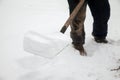 A man cleans snow with a shovel. Snow removal Royalty Free Stock Photo