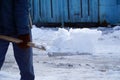 Man cleans snow shovel in the yard Royalty Free Stock Photo