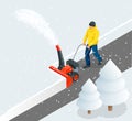 A man cleans snow from sidewalks with snowblower. City after blizzard. Isometric vector illustration.