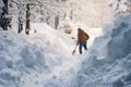 man clearing snow with a shovel in front of the house