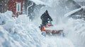 Man Clearing Snow with a Snowblower During Winter Season. Generative ai