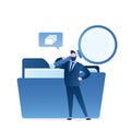 Man clerk search files data with magnifying glass in folder. Easy tidying up and organizing file and document in database Royalty Free Stock Photo