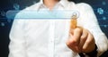 A man clicks on the button of the search bar. Search engine algorithms and methods. Use of the Internet and technology in all