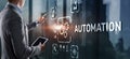 Man clicks on 3d virtual screen Automation. Optimization of business and production processes