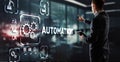 Man clicks on 3d virtual screen Automation. Optimization of business and production processes
