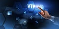 The man clicks on the inscription VTP. VLAN Trunking Protocol. Virtual Local Area Network