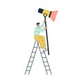 Man Climb Ladder Hold Spotlight Lamp Equipment Vector Illustration