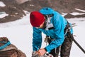 Man climber packing backpack mountains alpinism Royalty Free Stock Photo