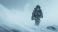 Man climber walks during storm in mountain in winter, frozen hiker on snow background, person in blizzard. Concept of cold, sport