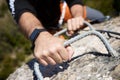 A man climbing a ferrata route in Calcena, Spanish mountains