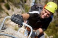 A man climbing a ferrata route in Calcena, Spanish mountains