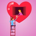 Man Climbing Ladder And Give Flower To a Girl Royalty Free Stock Photo