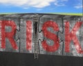 Man climbing ladder puzzles concrete wall red risk word sky Royalty Free Stock Photo