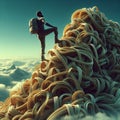 A man climbing a mountain made entirely of giant rubber band, p Royalty Free Stock Photo