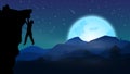 A man climbing mountain at night;night of full moon and star fall on sky;beautiful night landscape with pine silhouette Royalty Free Stock Photo