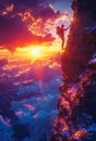 A man is climbing a mountain with a sunset in the background Royalty Free Stock Photo