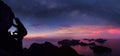 Man climbing rock on the mountain with panorama view and million stars galaxy Royalty Free Stock Photo