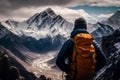 man climbing a snowy mountain active winter adventure trip illustration Generative AI Royalty Free Stock Photo