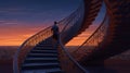 A man climbing a spiral staircase in a historic building. Generative ai Royalty Free Stock Photo