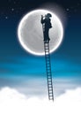 Man climbing to the moon. Vector illustration decorative background design Royalty Free Stock Photo