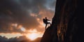 A man climbing up the side of a mountain at sunset. AI generative image. Royalty Free Stock Photo