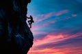 A Man Climbing up the Side of a Mountain at Sunset, A colorful sunset over a tall, challenging cliff-face with a lone climber Royalty Free Stock Photo