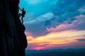 A Man Climbing up the Side of a Mountain at Sunset, A colorful sunset over a tall, challenging cliff-face with a lone climber Royalty Free Stock Photo