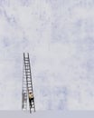 A man climbs a ladder that leans against a high wall