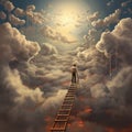 a man climbs a ladder into the sky Royalty Free Stock Photo