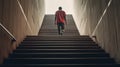 man climbs stairs from dungeon through concrete tunnel