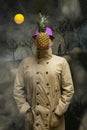 A man in a cloak and a hat with pineapple, stylization. Own way Royalty Free Stock Photo