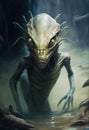 The creature\'s deep portrait: an alien high windigo standing shallow in a river, post malnourished